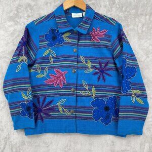 Vintage Purple Striped Shirt Jacket Shacket Floral Beaded Lightweight